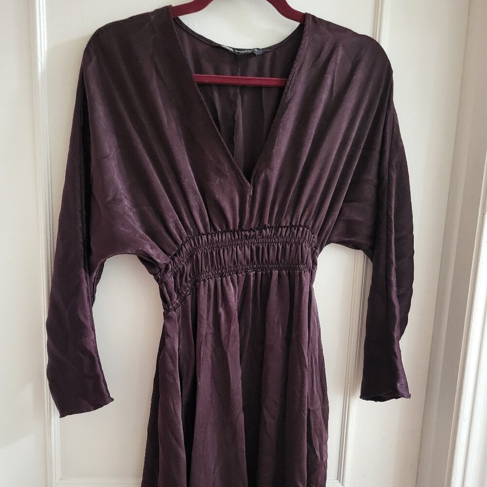 Zara Aubergine Purple Satin Midi Dress - Size XS